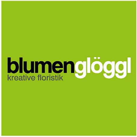 Logo Blumen Glöggl, grüner Hintergrund, schwarz-weiße Schrift